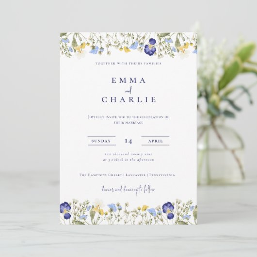Invitation Elegant Boho Fleur sauvage bleu Mariage de script (Debout devant)