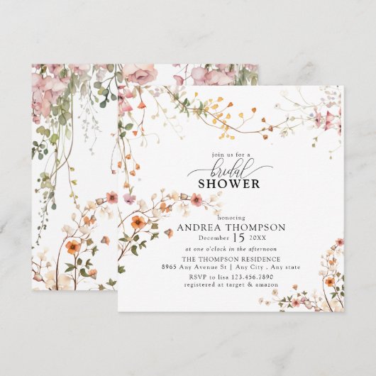 Invitation Elegant Boho Fleur sauvage Fête des mariées floral (Devant / Derrière)