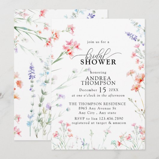 Invitation Elegant Boho Fleur sauvage Fête des mariées floral (Devant / Derrière)
