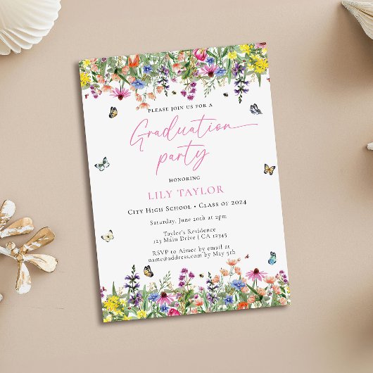 Invitation Élégant Boho Fleur sauvage Floral Graduation Party