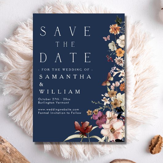 Invitation Elegant Boho Fleur sauvage Marine Bleu Enregistrer