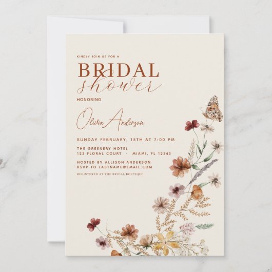 Invitation Elegant Boho Fleur sauvage QR Code Fête des mariée (Devant)