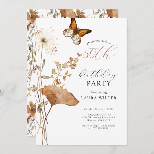 Invitation Elégant Boho Fleurs sauvages 50e fête d'anniversai (Devant / Derrière)