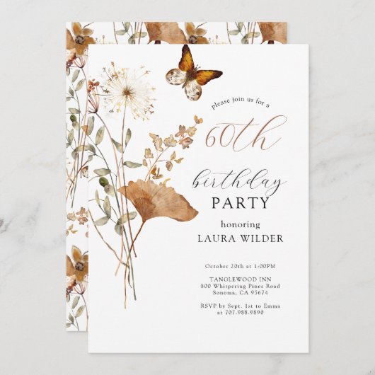 Invitation Élégant Boho Fleurs sauvages 60e fête d'anniversai (Devant / Derrière)
