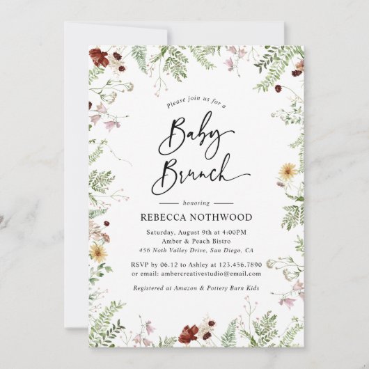 Invitation Elegant Boho Fleurs sauvages Baby Brunch Invitatio (Devant)