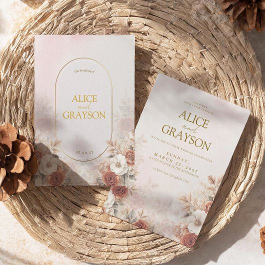 Invitation Elegant Boho Floral Cream Pink Modern Wedding