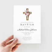 Invitation Élégant Boho Floral Cross Baptism