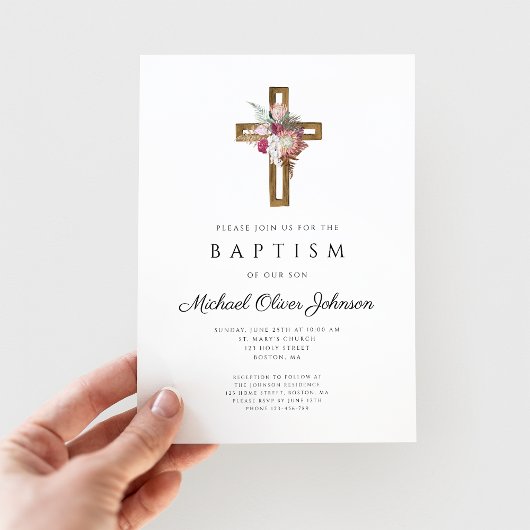 Invitation Élégant Boho Floral Cross Baptism