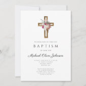 Invitation Élégant Boho Floral Cross Baptism (Devant)