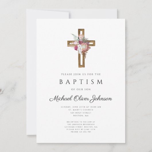 Invitation Élégant Boho Floral Cross Baptism (Devant)