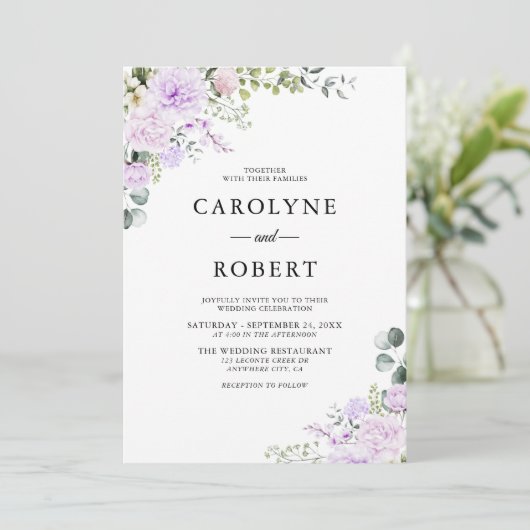 Invitation Elégant Boho Floral Dusty violet Mariage (Debout devant)