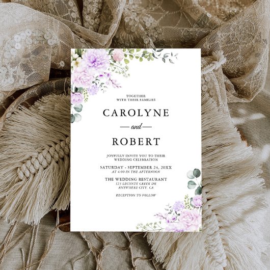 Invitation Elégant Boho Floral Dusty violet Mariage