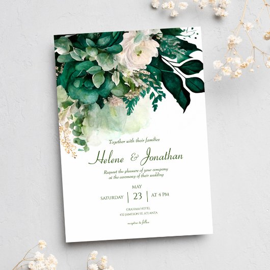 Invitation Élégant Boho Floral moderne Emerald Green Mariage