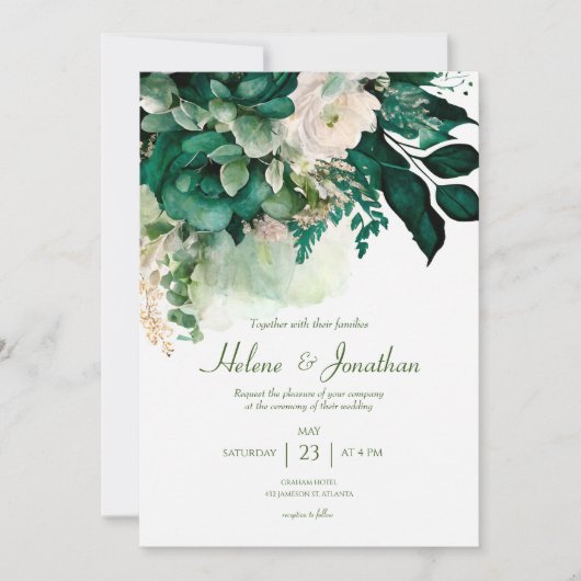Invitation Élégant Boho Floral moderne Emerald Green Mariage (Devant)