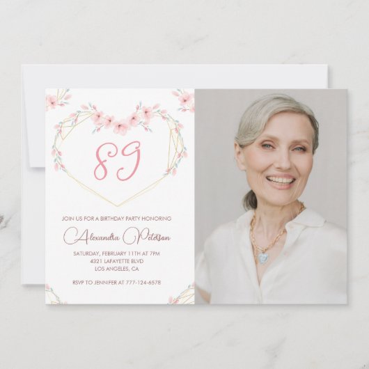 Invitation Elégant Boho Floral Photo 89e anniversaire (Devant)