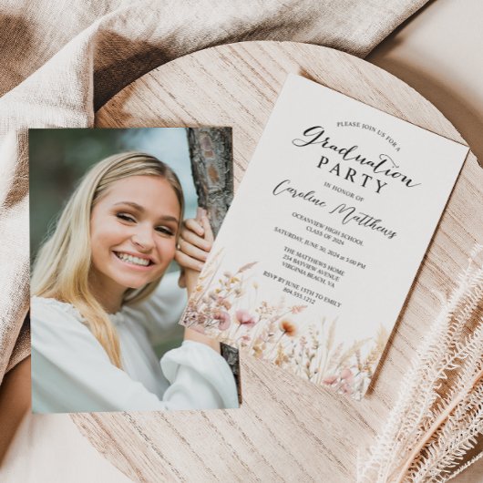 Invitation Élégant Boho Floral Photo Graduation