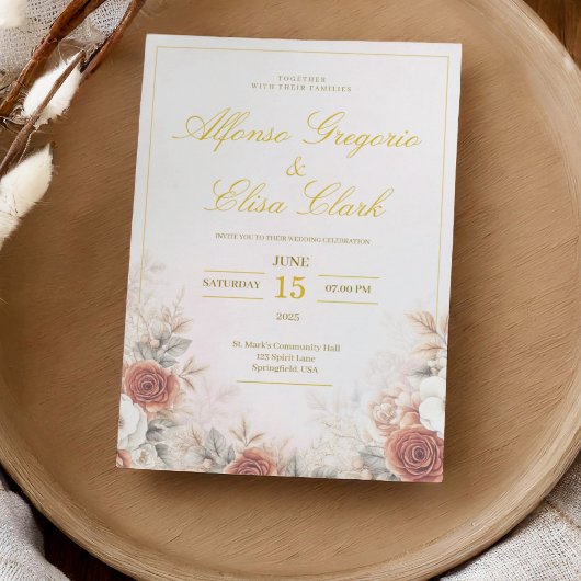 Invitation Elegant Boho Floral Rose Soft Pink Modern Wedding 