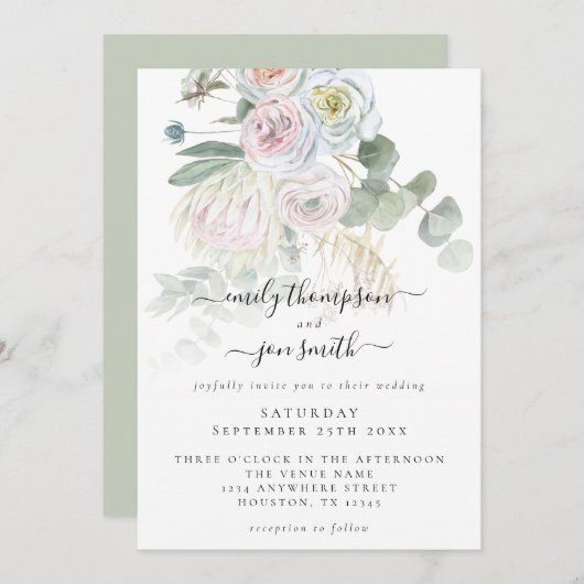 Invitation Elégant Boho Florals Eucalyptus Pastel Mariage (Devant / Derrière)