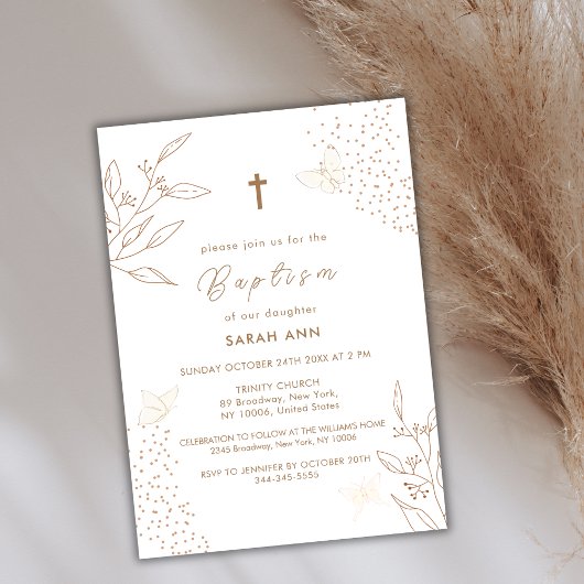Invitation Élégant Boho Gold Feuilles papillon croix Baptême