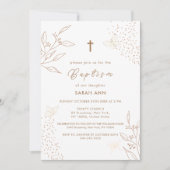 Invitation Élégant Boho Gold Feuilles papillon croix Baptême (Devant)