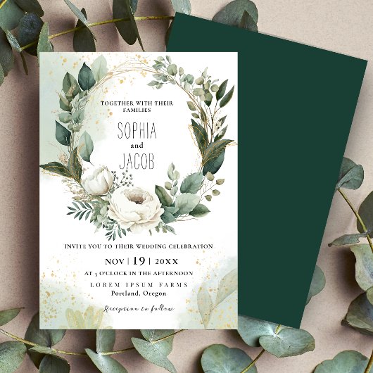 Invitation Elégant Boho Gold Green Eucalyptus Winter