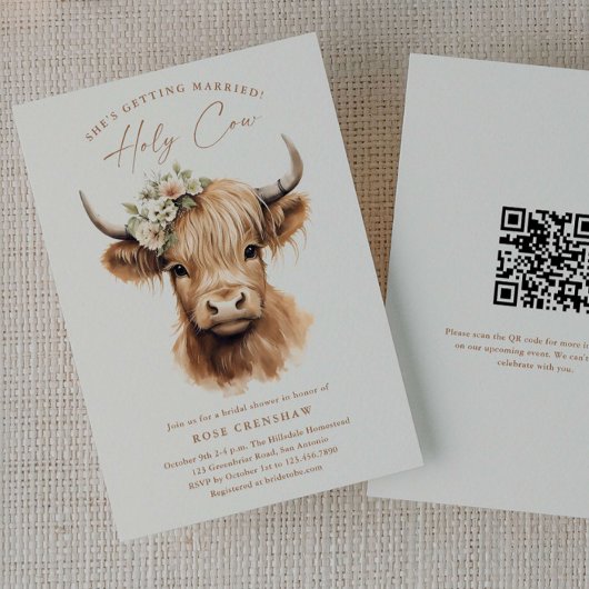 Invitation Elegant Boho Highland Cow QR Code Fête des mariées