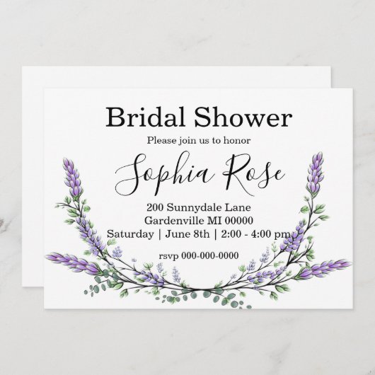 Invitation Elégant boho Lavender Eucalyptus Douche nuptiale (Devant / Derrière)
