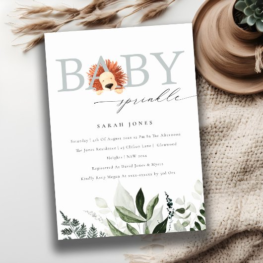 Invitation Élégant Boho Lion Foliage Baby Sprinking