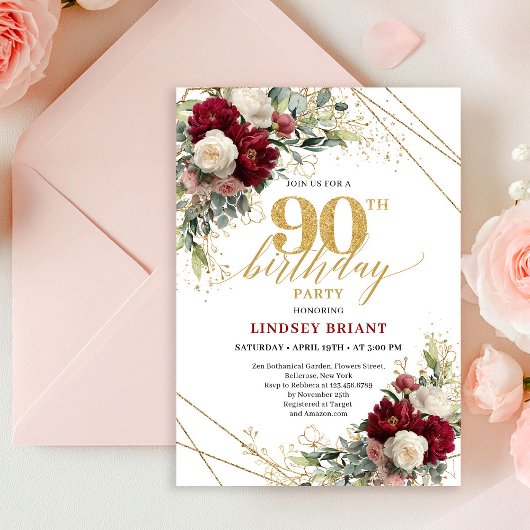 Invitation Elegant Boho Maroon White Roses Gold 90th Birthday