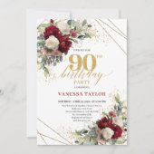 Invitation Elégant Boho Marron Roses Blanches Or 90e Annivers (Devant)