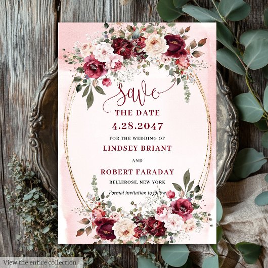 Invitation Elegant Boho Marsala Blush Gold Floral Save Date