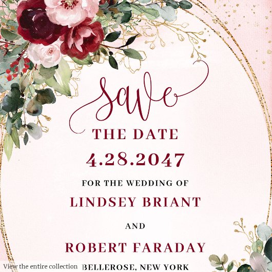 Invitation Elegant Boho Marsala Blush Gold Floral Save Date