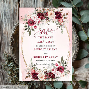 Invitation Élégant Boho Marsala Blush Or Floral Save Date