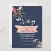 Invitation Elégant Boho Navy Bleu Bourgogne Floral Mariage (Devant)