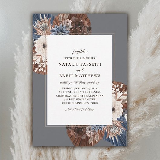 Invitation Elegant Boho Navy et Brown Florals Mariage