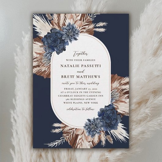 Invitation Elegant Boho Navy et Brown Florals Oval Mariage