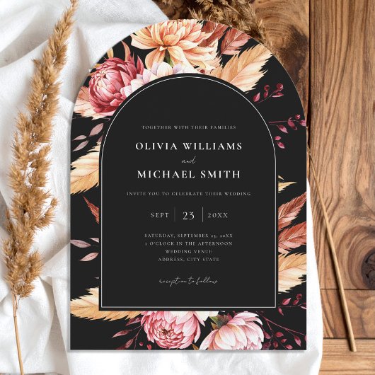 Invitation Élégant Boho noir Chic Floral Mariage