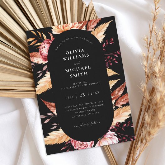 Invitation Élégant Boho noir Chic Floral Mariage