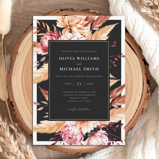 Invitation Élégant Boho noir Chic Floral Mariage