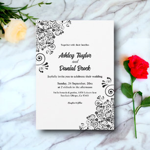 Invitation Élégant Boho noir et blanc Ornate Floral Mariage