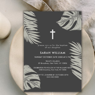 Invitation Élégant Boho Noir Feuilles Croix Baptême