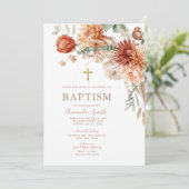 Invitation Élégant Boho Orange Floral Baptême Christening (Debout devant)
