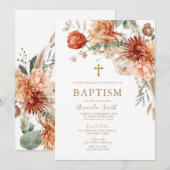 Invitation Élégant Boho Orange Floral Baptême Christening (Devant / Derrière)