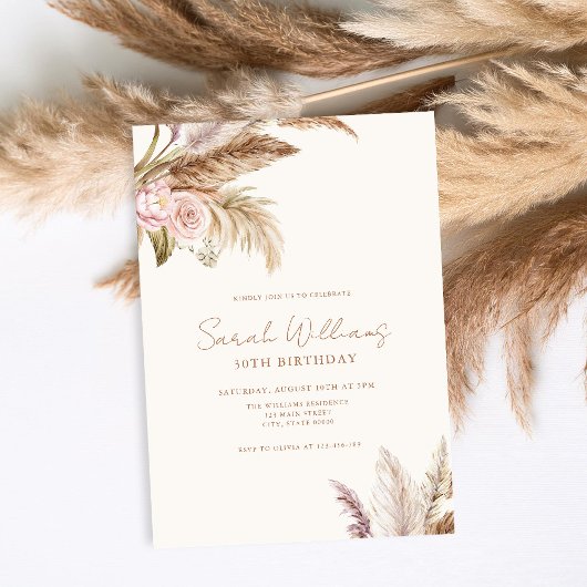 Invitation Elégant Boho Pampas Floral 30e anniversaire