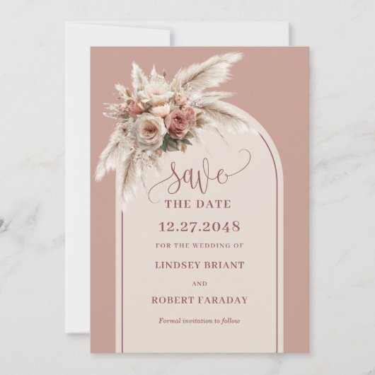 Invitation Elegant Boho Pampas Grass Arch Save the Date Card (Devant)
