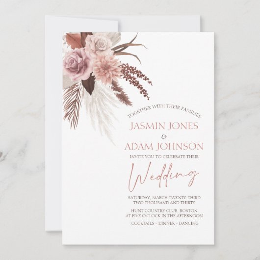 Invitation Elégant Boho Pampas Grass Mariage en terre cuite (Devant)