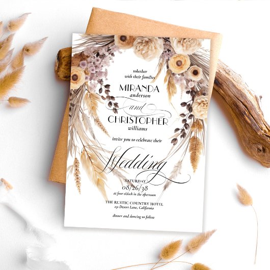 Invitation Elegant Boho Pampas Grass Wreath Rustic Wedding