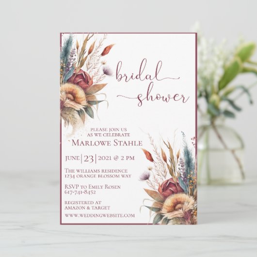 Invitation Elégant Boho pampas herbe douche nuptiale (Debout devant)