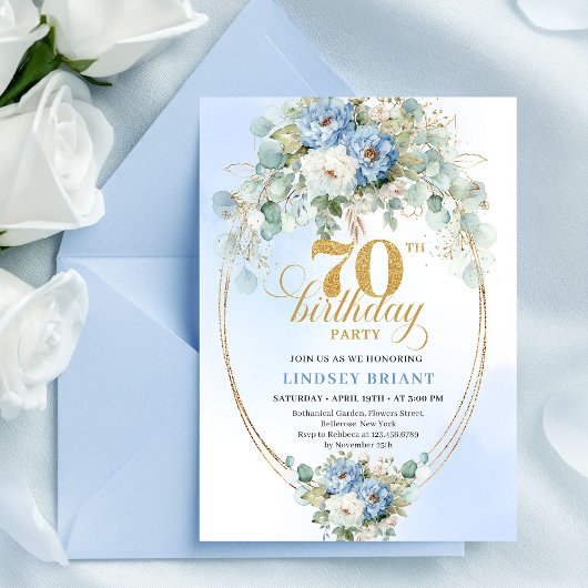 Invitation Elegant Boho Pastel Blue Peonies 70th Birthday