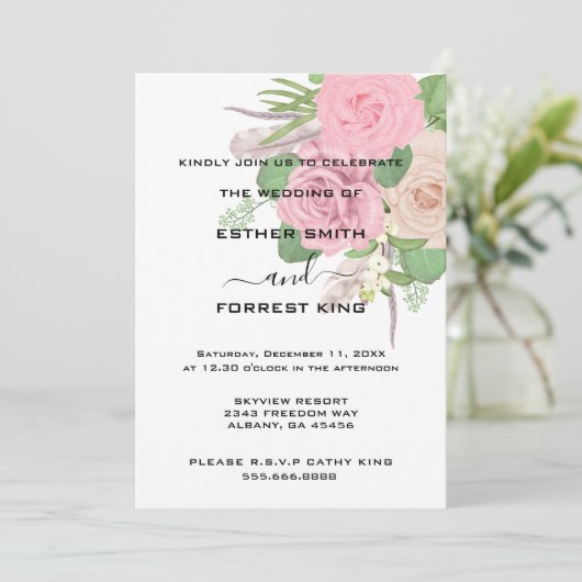 Invitation Elégant Boho rose blanc bouquet Mariage (Debout devant)